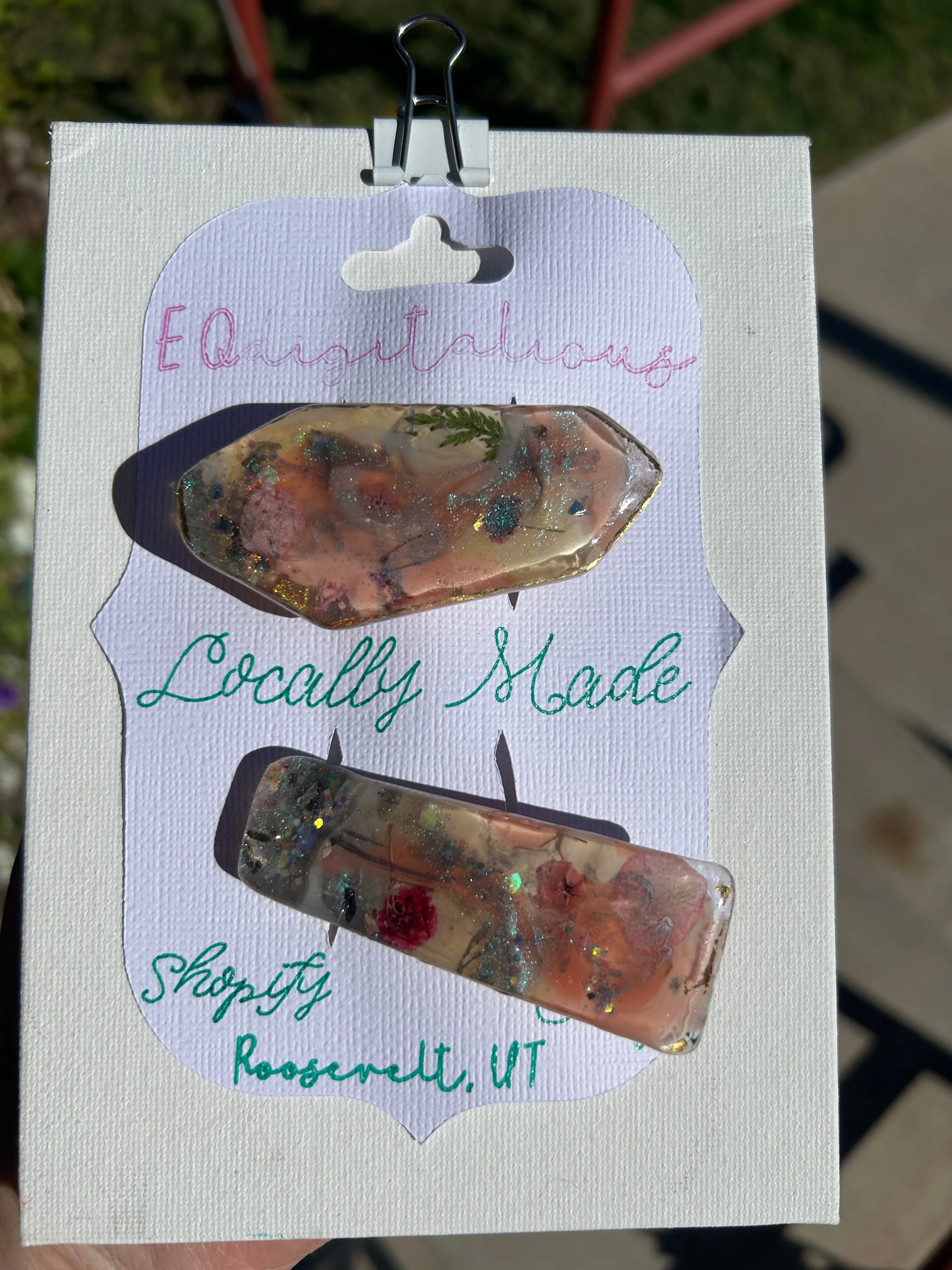 Two UV Resin Hair Barrettes, Handcrafted Iridescent  base color pink 1 alligator 1 French clasp. Unique, Multilayered Design with Shimmering Hues"