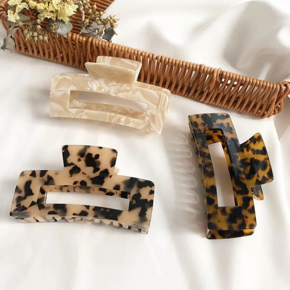 VAIGE Acetate Leopard Print Large Geometric Hollow Square Hair Claw Clip - Stylish Hair Accessory