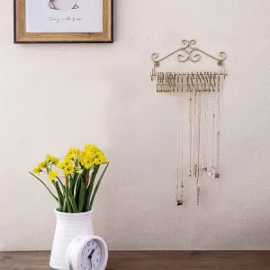 Wall-Mounted Brass-Tone Metal Jewelry Organizer Rack with 20 Hanging S-Hooks for Necklaces, Bracelets and More