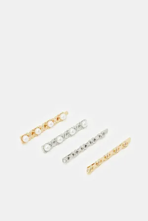 Women Gold And Silver Embellished Hair Clip Set (4 Piece)
