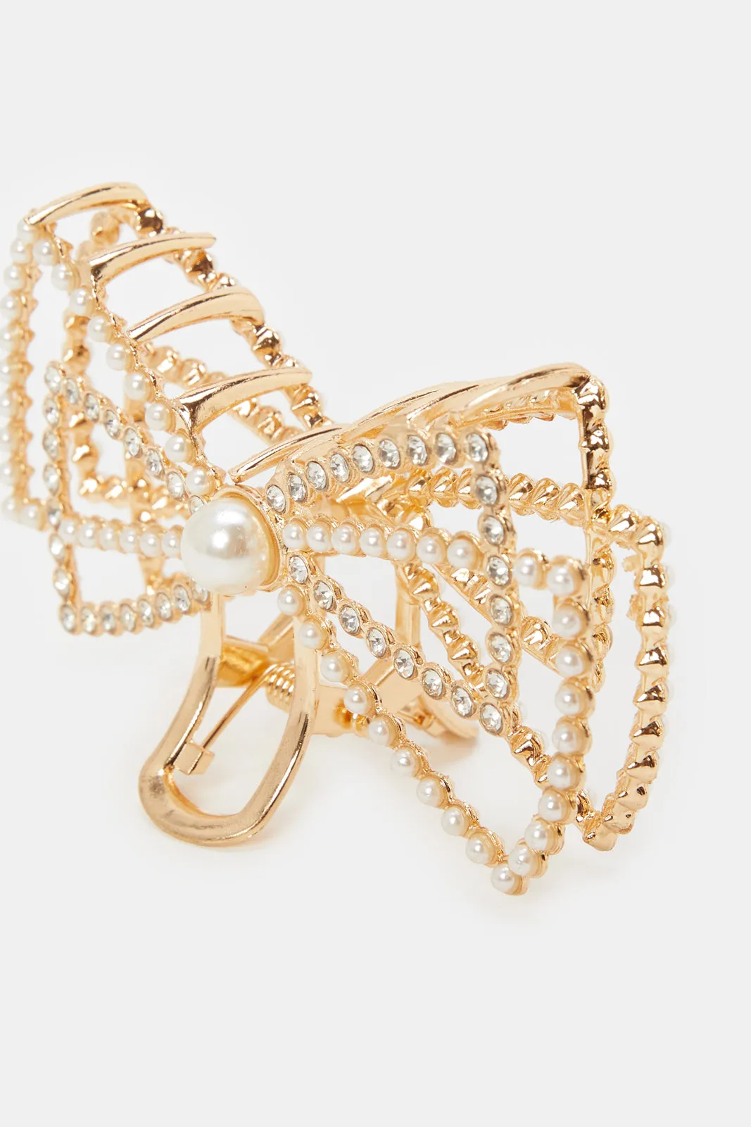 Women Gold Pearls And Rhinestones Hair Claw