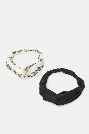 Women White And Black Printed Hair Wrap Set (2 Piece)