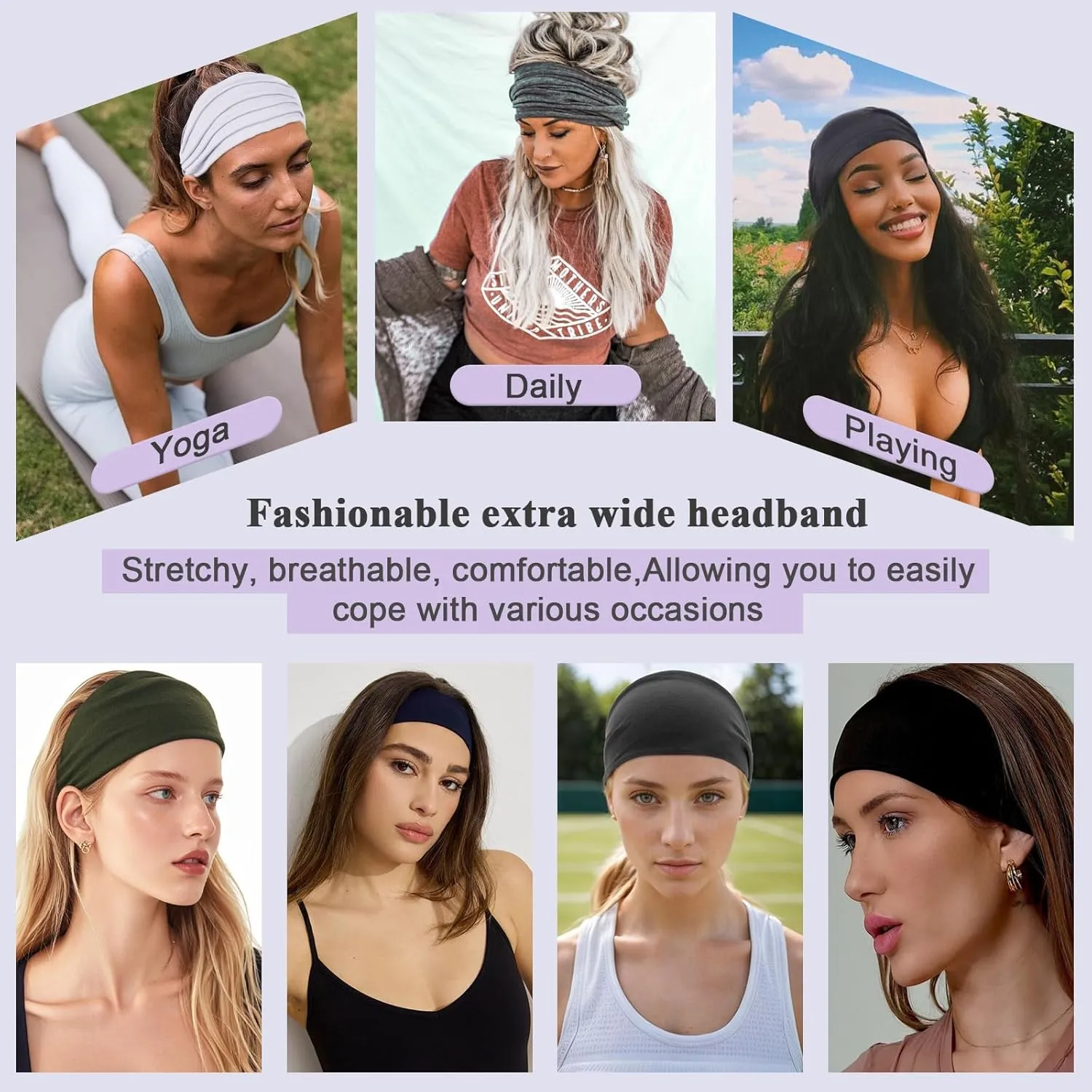 XTREND 6 Pcs Wide Headbands for Women Fashion Headband Stretch Headband Boho Head Bands Hair Band Turban Workout Sport Hairband Accessories (Black, White, Beige, Light Pink, Light Blue, Light Green)