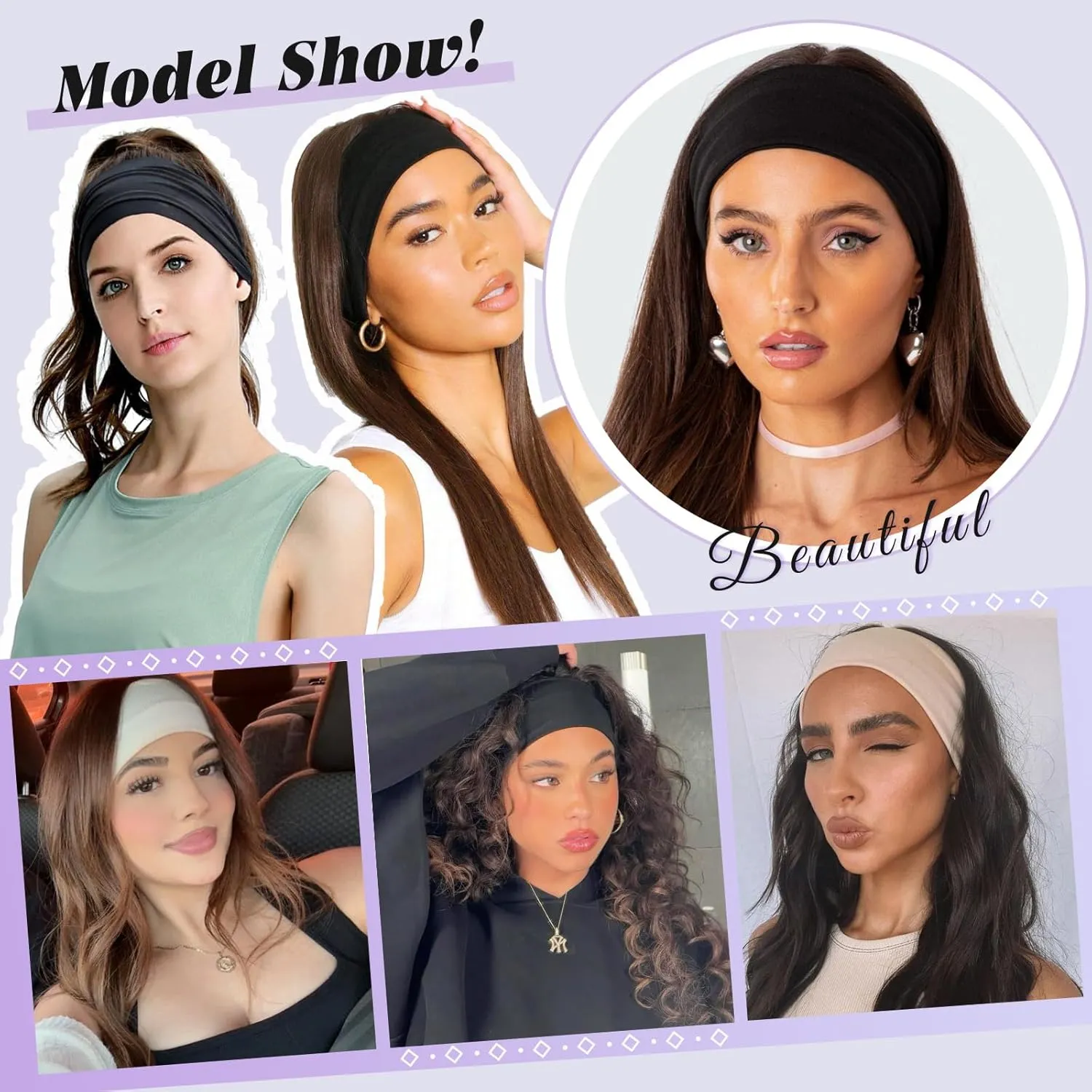 XTREND 6 Pcs Wide Headbands for Women Fashion Headband Stretch Headband Boho Head Bands Hair Band Turban Workout Sport Hairband Accessories (Black, White, Beige, Light Pink, Light Blue, Light Green)