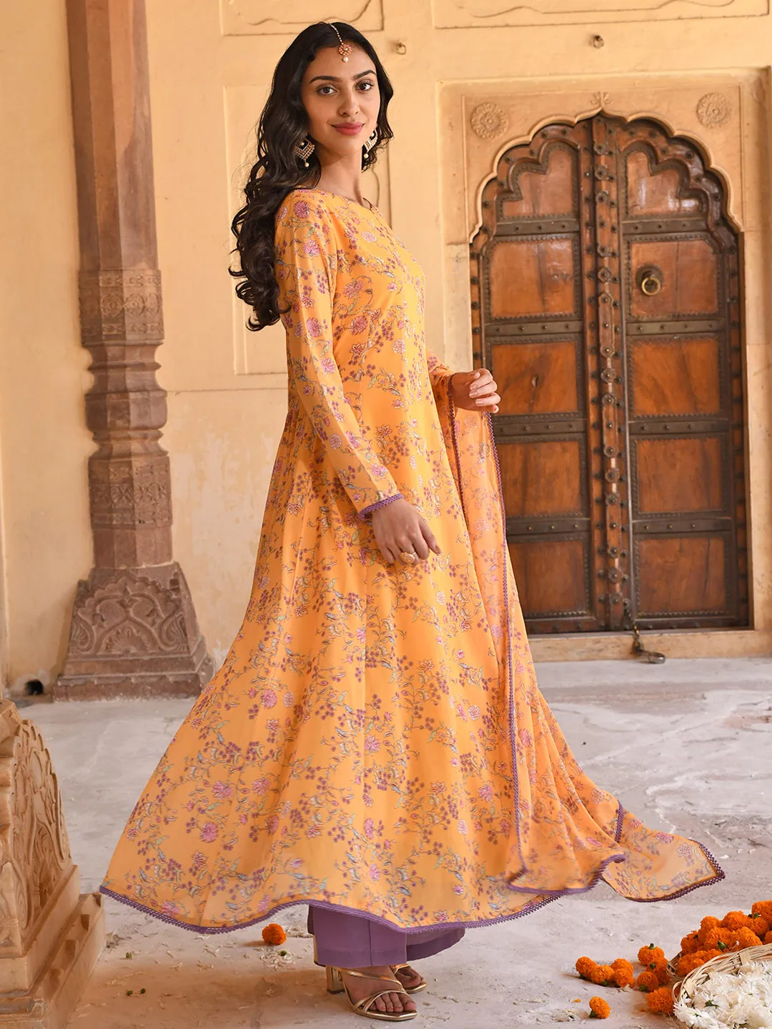 Yellow Georgette Floral Print Kurta Palazzo Set