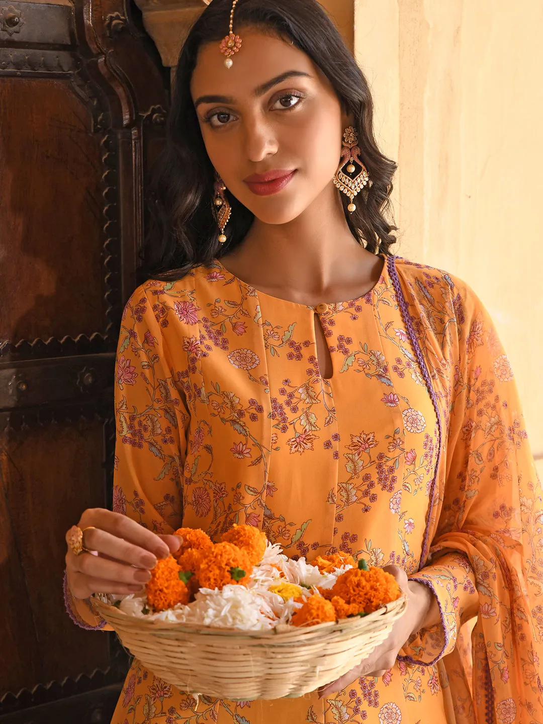 Yellow Georgette Floral Print Kurta Palazzo Set