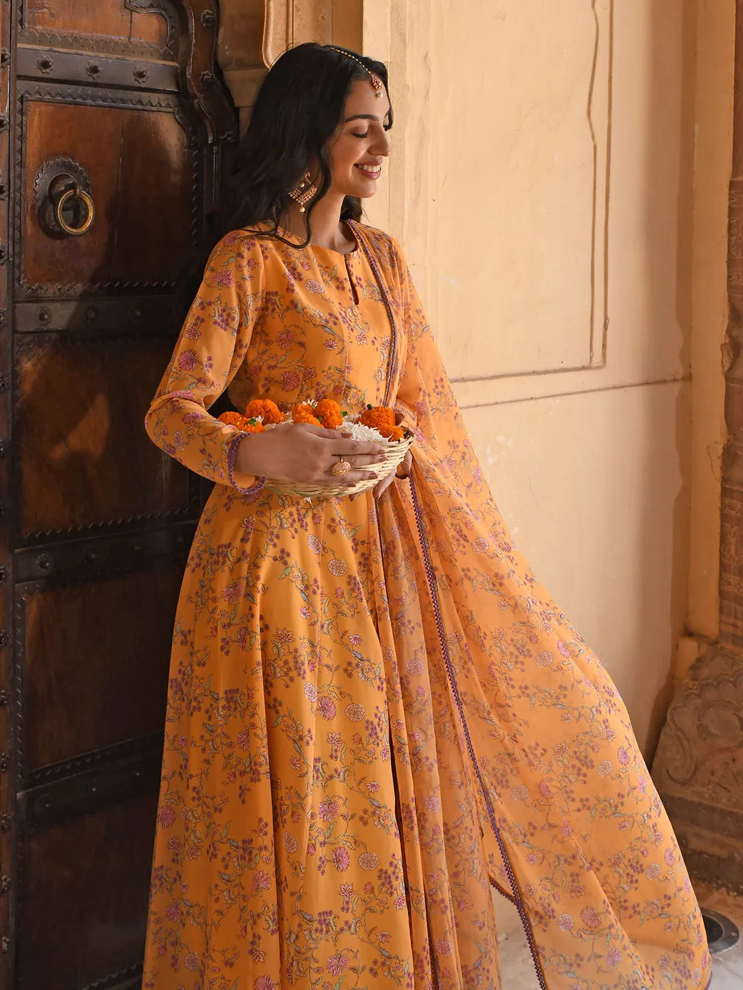 Yellow Georgette Floral Print Kurta Palazzo Set