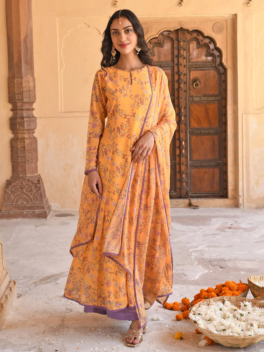 Yellow Georgette Floral Print Kurta Palazzo Set